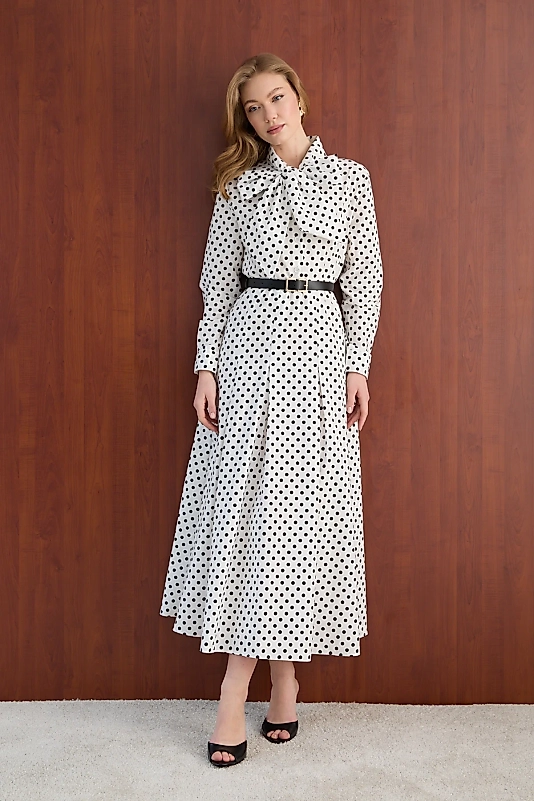 Puantiye Desenli Poplin Elbise – Beyaz