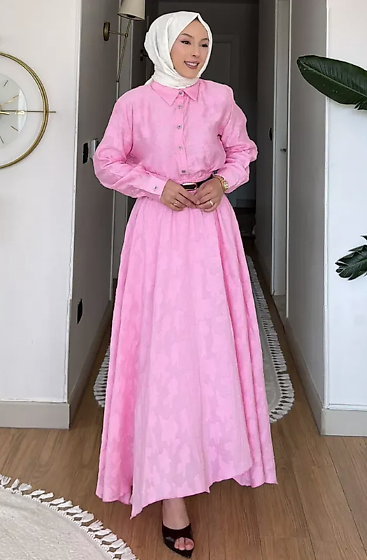 Kemerli Desenli Gömlek Etek Tesettür İkili Takım - PEMBE