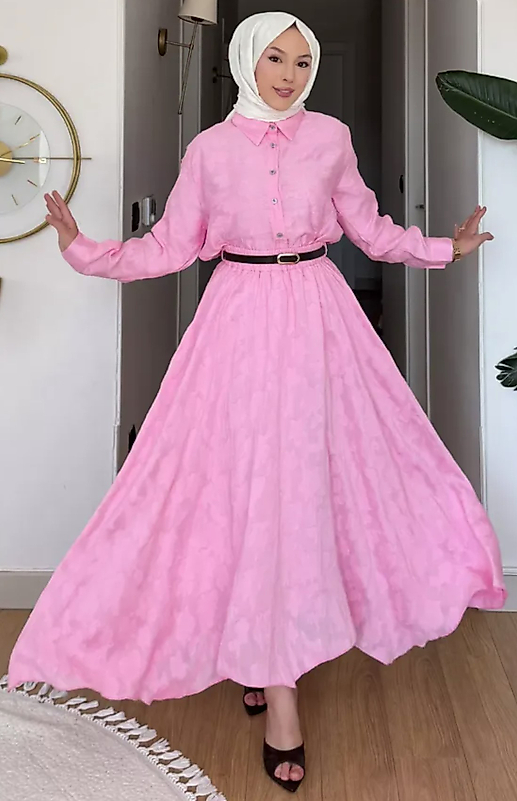Kemerli Desenli Gömlek Etek Tesettür İkili Takım - PEMBE