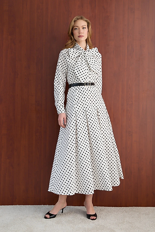 Puantiye Desenli Poplin Elbise – Beyaz
