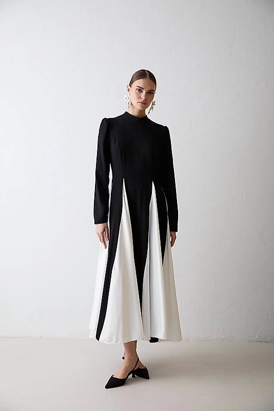 Hakim Yaka Kontrast Detaylı Vera Elbise