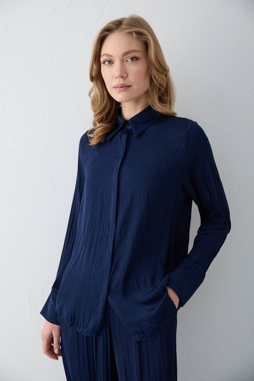 Modal Saten Gömlekli Takım Mistik Lacivert-L-XL