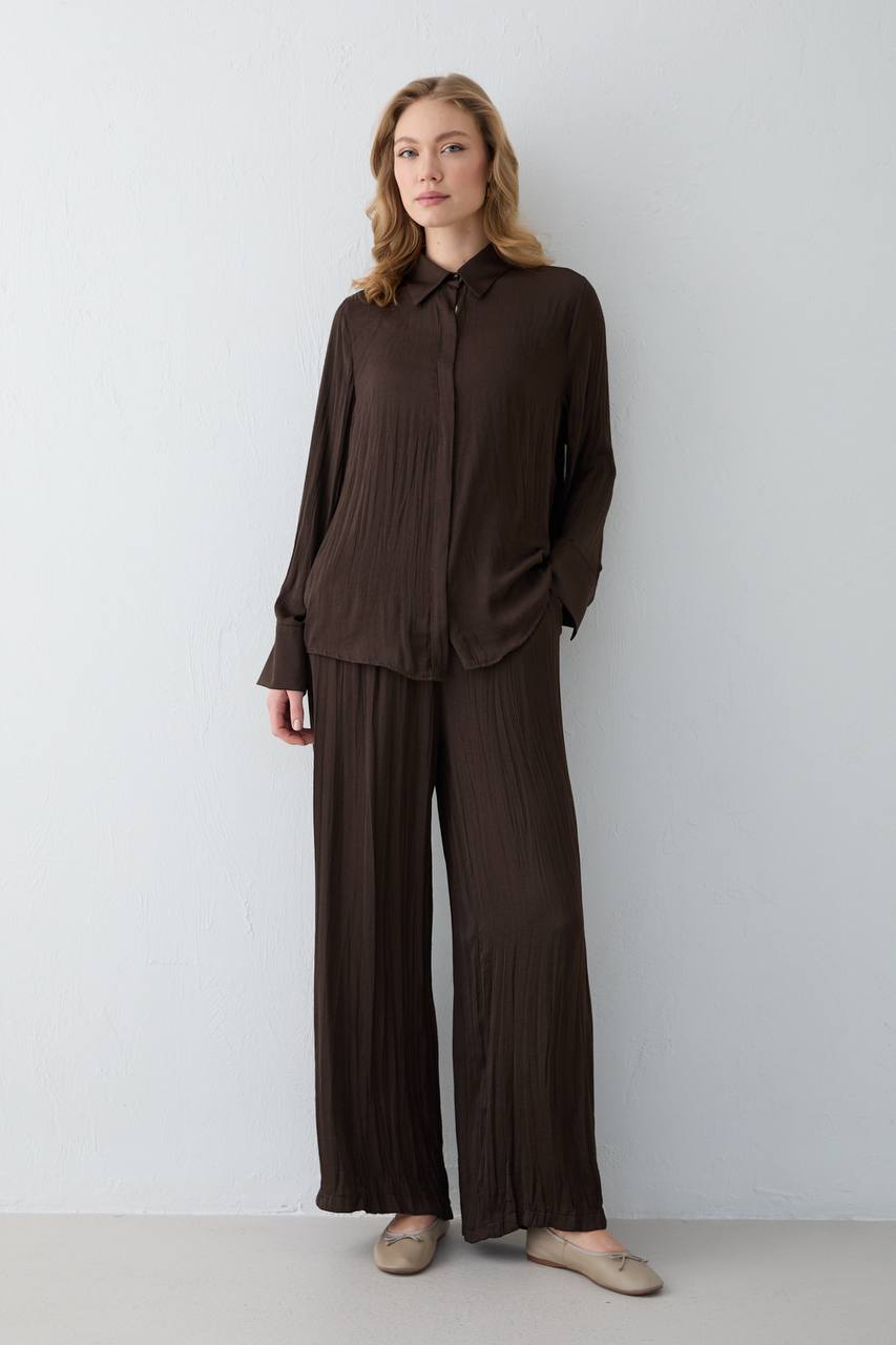 Modal Saten Gömlekli Takım Antik Kahve-L-XL