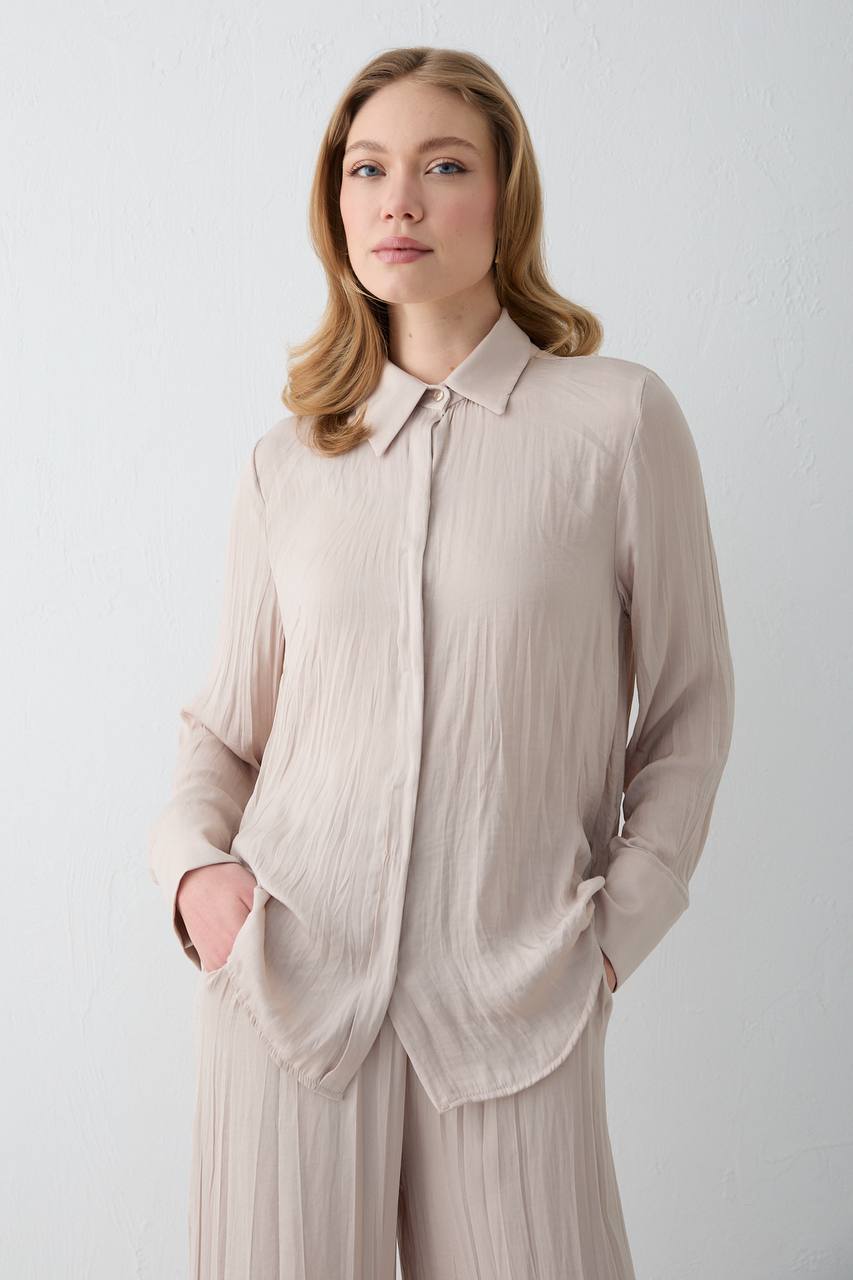Modal Saten Gömlekli Takım Krem-L-XL