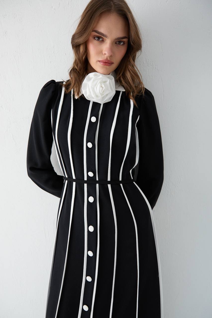 Biyeli Broş Detaylı Krep Elbise – Siyah